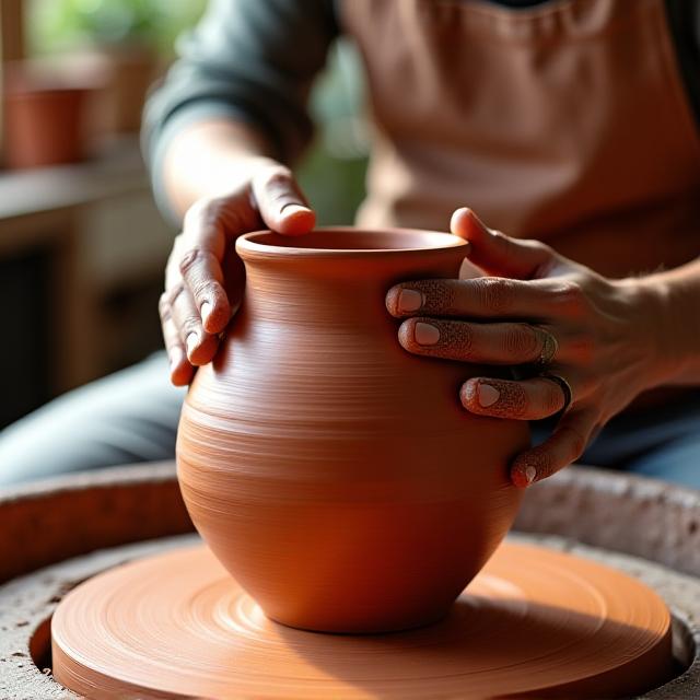 Artisan hands working with clay in a sun-drenched studio